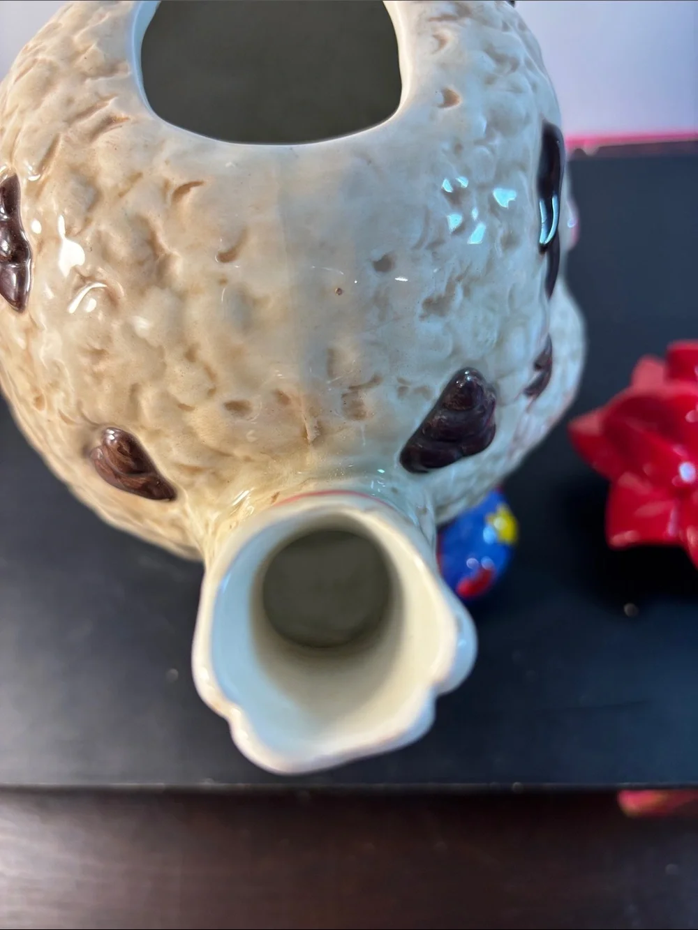 Fitz and Floyd Ceramic Character Teapot with Red Flower Top and Colorful Accents
